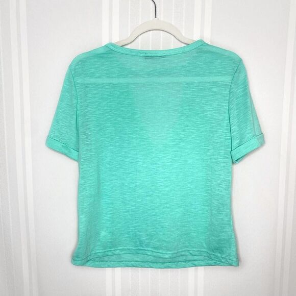 Shein Short Cuffed Sleeve Cutout Keyhole V-Neck Top Medium Blue Green Heathered - Picture 8 of 8